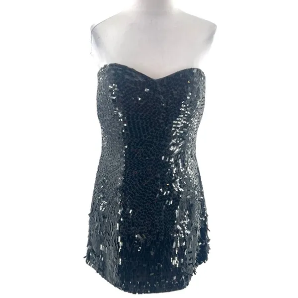Sherri‎ Hill 3D sequin strapless dress black LBD sz 10 - Image 2