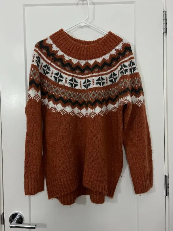 Aerie Medium Rust Brown Fair Isle Nordic Soft Pullover Sweater - Image 2