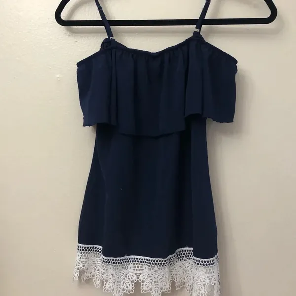 Navy off shoulder top with white‎ lace trim - Image 4