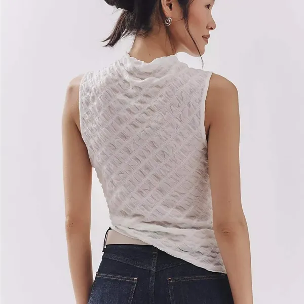 Anthropologie Maeve Asymmetric Textured Tank Small White Sleeveless Mock Neck - Image 2