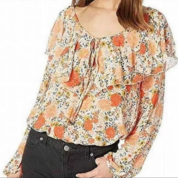 Free People Intimately Say It To Me Bodysuit Long Sleeve Orange Floral XS - Image 5