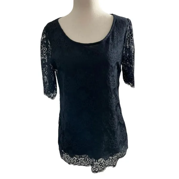 Banana Republic Women Size Small Navy Blue Lace Short Sleeve Blouse (34-542) - Image 2
