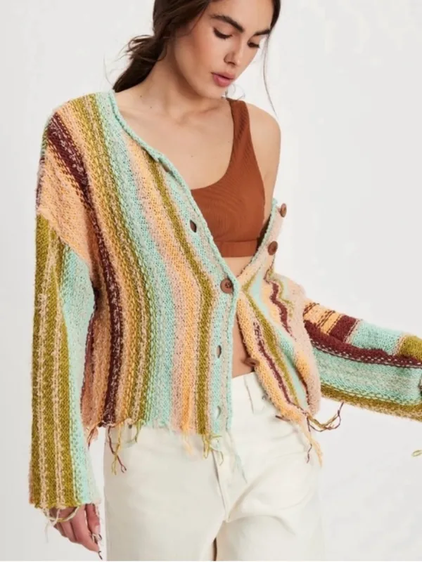 Free People Baja Cardi Sweater Cardigan Fringe Striped Button Front Size XS - Image 3