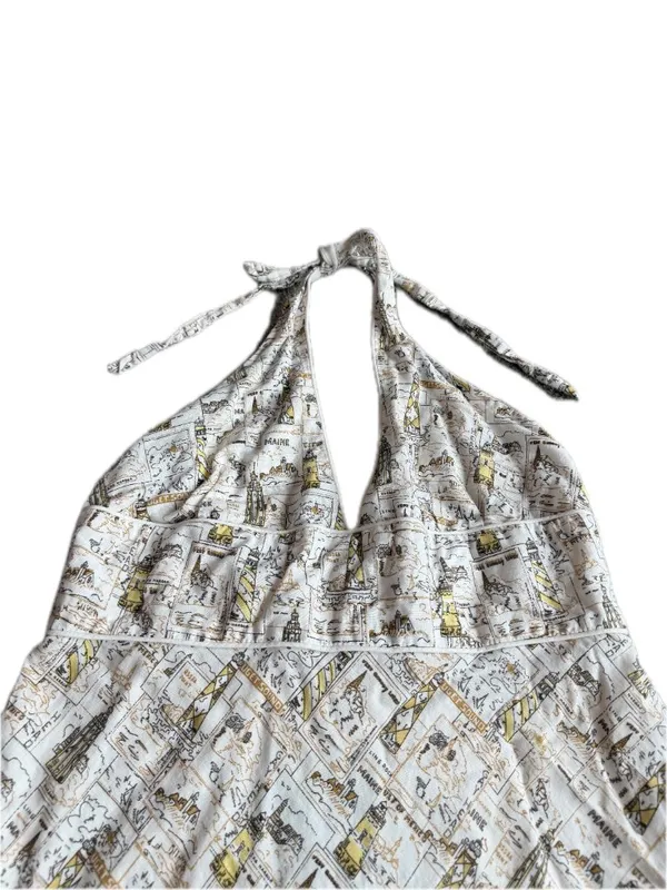 J. Crew White Gold Nautical Map Print Halter Midi Dress Plunging Size 14 Women's - Image 3