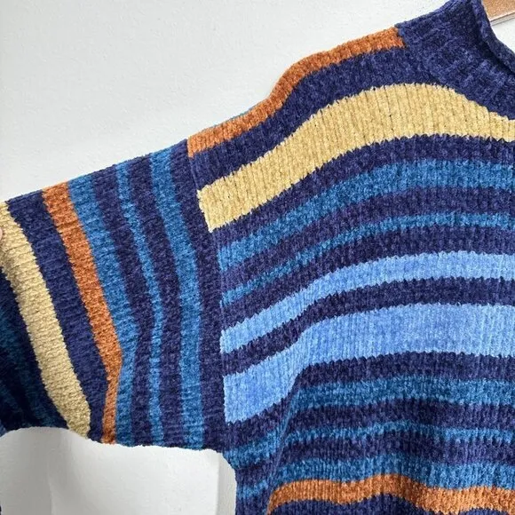Vintage Chenille Blue‎ Gold Striped Mockneck Sweater 90s Size Medium - Image 7