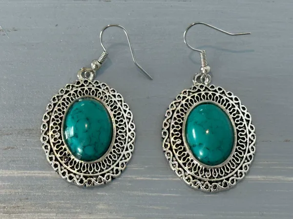 Silver Tone Dangle Pierced Earrings Faux Turquoise Cabochons Blue - Image 3