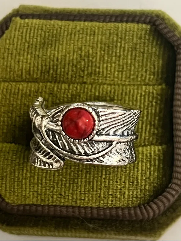 Boho/ Design Red Turquoise Silver Feather Wrap Wide Band Size 6 - Image 2