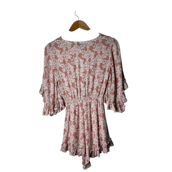 Hello Molly Floral Romper Women XS Pink Ruffle Tie Front Cutout Boho Cottagecore - Image 3