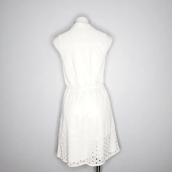 Elle White Eyelet Cotton Shirtdress Sleeveless Button Down Drawstring‎ Mini Sz S - Image 6