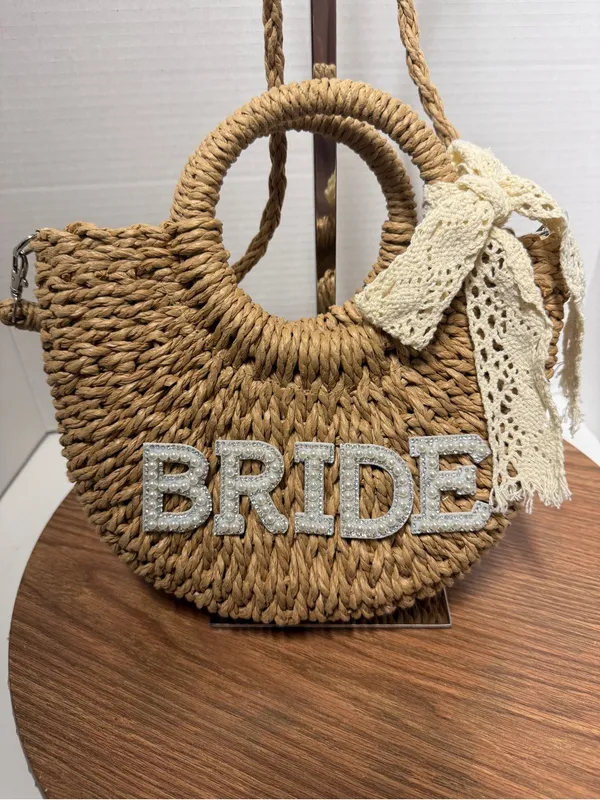 Pinkunn Straw Pearl Rhinestone BRIDE Bag Half Moon Crossbody/Handbag Purse - Image 2