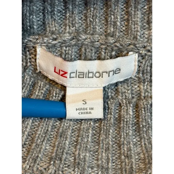 Liz Claiborne Sweater Womens Small Gray Metallic Knit Mock Neck Diamond Ribbed‎ - Image 6