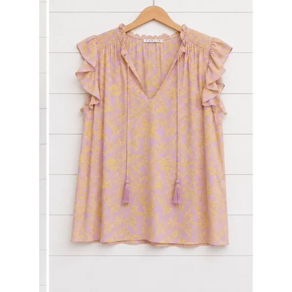 Karlie pink and yellow ruffle sleeve tassel tie top large - Image 8