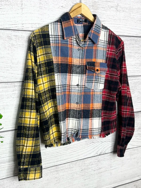 Jolie & Joy Patchwork Plaid Cut Off Button Up Shirt Jacket Shacket Size Large Yellow - Image 5
