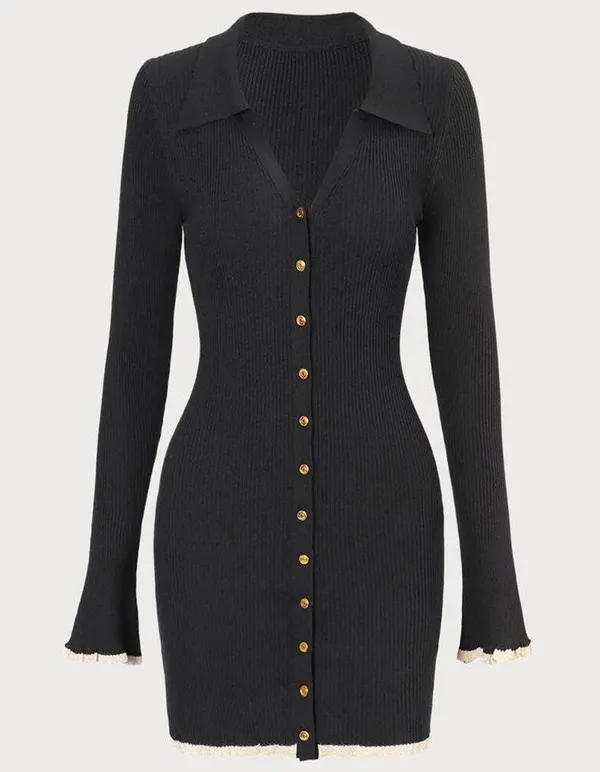 RIHOAS The Black V Neck Contrast Trim Knit Mini Dress XS - Image 6