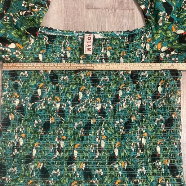 Dolan x Anthropologie Green Left Coast Smocked Puff Sleeved Top Tropical Bird XL - Image 5