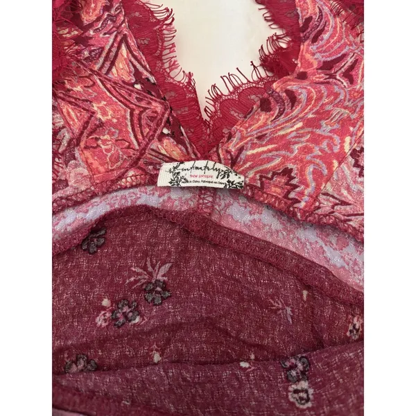 Free People Boho Floral Paisley Midi Dress Burgundy Pink Lace Handkerchief Hem - Image 5