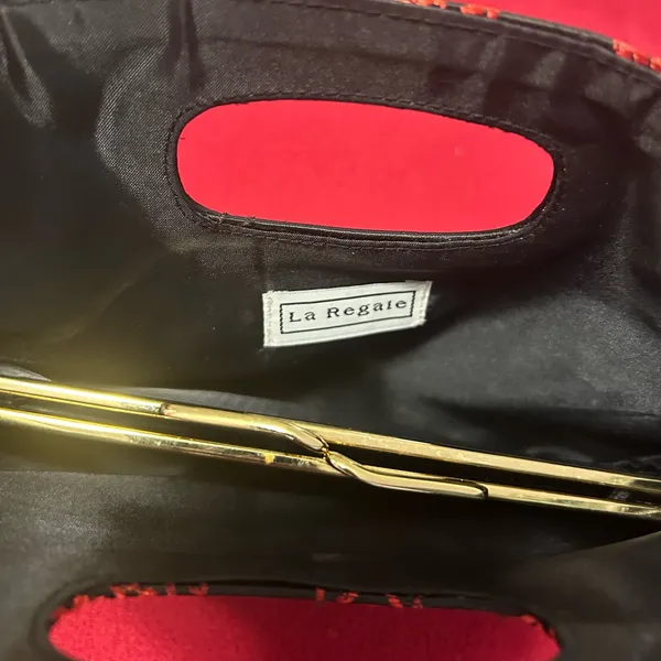 Bag Black Satin Clutch with Red Embroidered Characters & Gold Frame by LA REGALE - Image 5