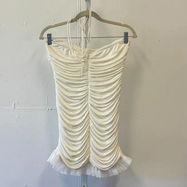 Lucy In The Sky White Ruched Halter Mini Dress Ruffle Hem Large Ivory Bodycon - Image 2