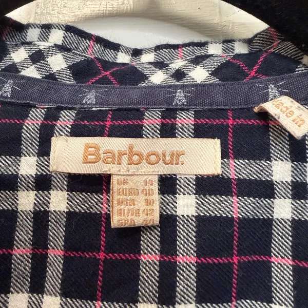 Barbour Birling Shirt Plaid Button Up‎ Navy Pink White Size 10 - Image 4