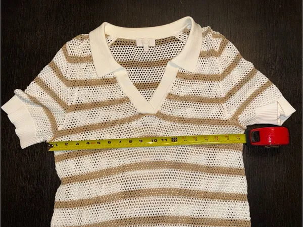 Chic White & Tan Striped Crochet Knit Maxi Cover-Up Dress Collared Beach Resort - Image 4