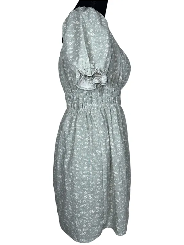 Iris Sage Green Floral Linen Blend Mini Dress L Puff Sleeve Cinched Waist Cottagecore - Image 3