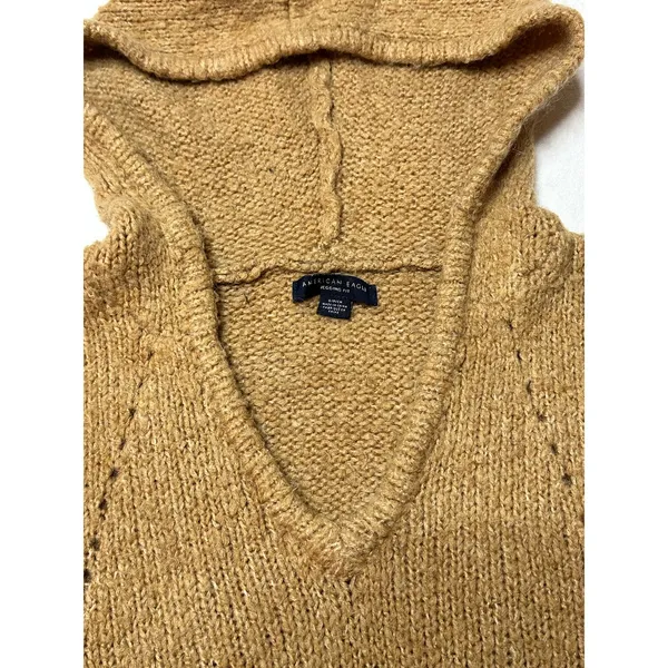 American Eagle Women’s Camel Knit Hoodie Sweater Small | Wool Blend V-Neck - Image 2