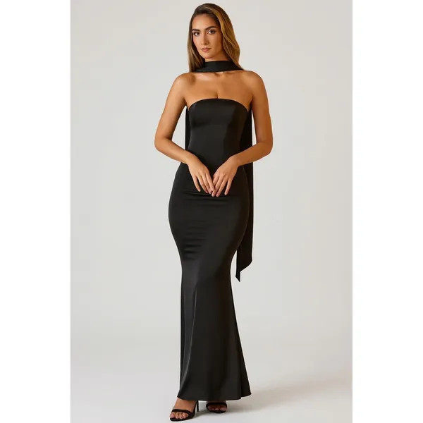 Oh Polly‎ Mandi Scarf Detail Strapless Satin Maxi Gown Black NWT Size US 4 - Image 5