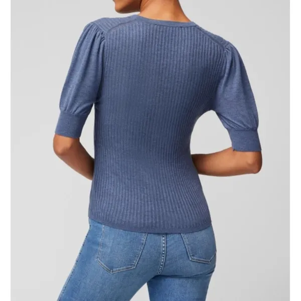 White House | Black Market Elbow Sleeve Cashmere Blend Puff Henley Sweater Blouse V-Neck Fuzzy Ribbed - Image 2
