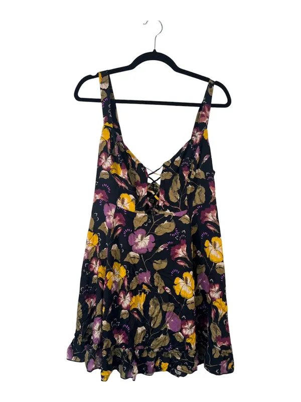 Free People Black Floral Mini Slip Dress Womens M Lattice Lovers Boho Casual - Image 2