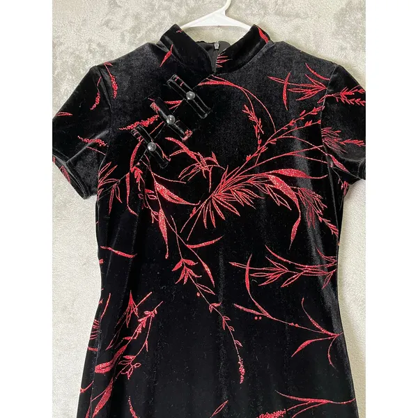 Vintage Y2K Velvet Mandarin Collar Dress Goth Grunge Dark Academia Floral M - Image 2