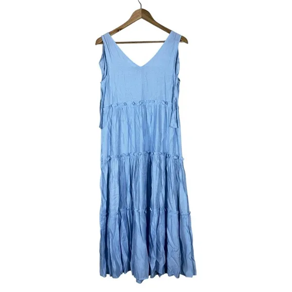 Blu Pepper Tiered Solid Maxi Dress Light Blue Cottagecore Tie Shoulder Size S - Image 5