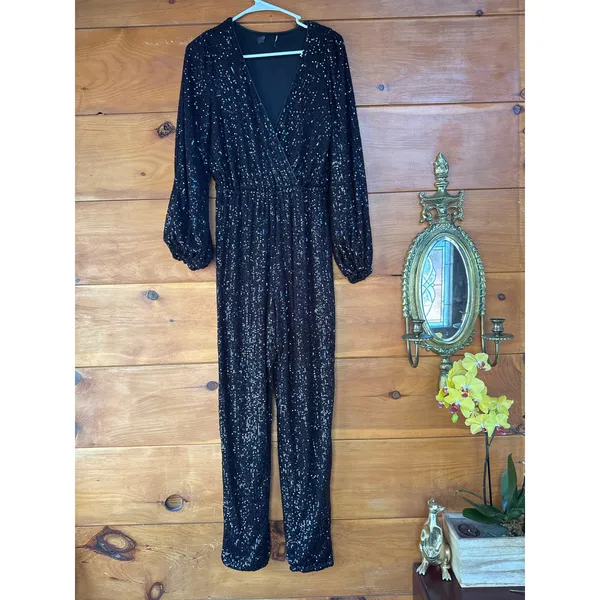 Lulus Sensational Beauty Black Sequin Surplice Long Sleeve Jumpsuit Glam Size S - Image 3