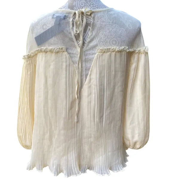 Topshop Boho Feminine Fairy Romantic Cream Pastel Pleated Sheer Neckline Blouse Size 8 - Image 2