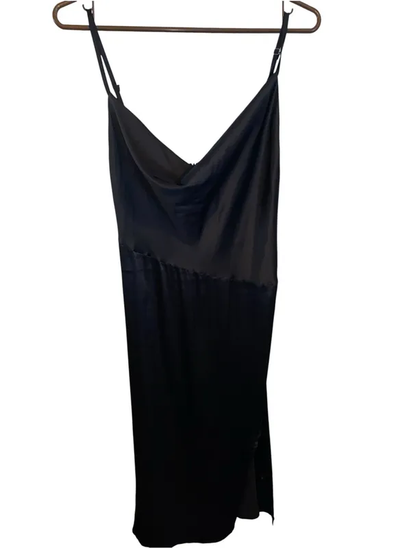 Vintage 90s Style Black Satin Midi Slip Dress Minimalist LBD whimsigoth moody - Image 5