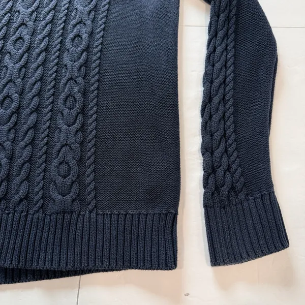 LL Bean Navy Blue Double L Mixed Cable Cotton Crew Neck Pullover Sweater LARGE - Image 5