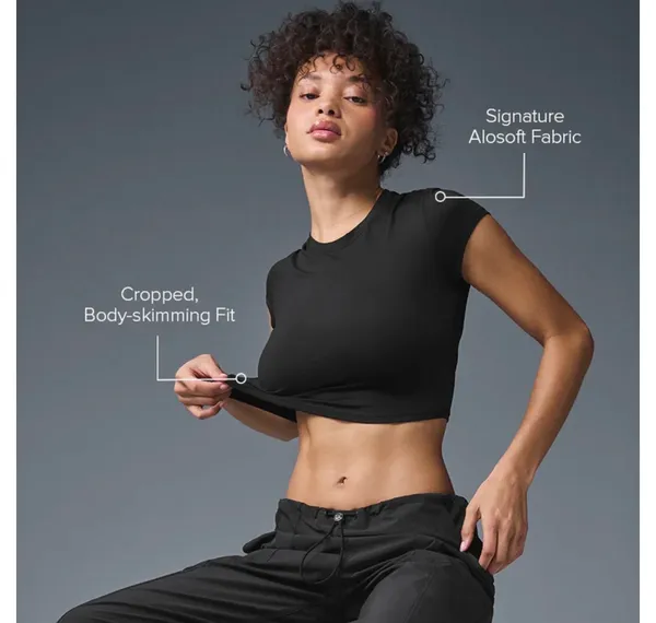 ALO Yoga Black Cropped Crewneck Cap-Sleeve Top - Image 3