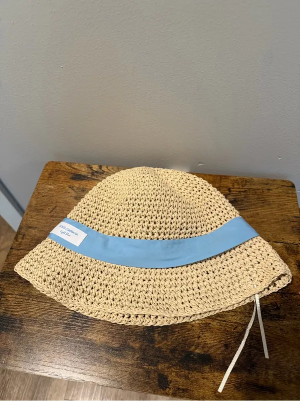 Dolce & Gabbana Beige Straw Fedora Style Hat with Light Blue Band - Image 4