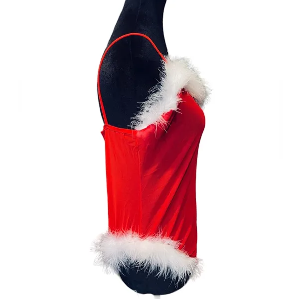 Christmas Santa Baby Holiday Stretch Sheer Mesh Feather Sexy Lingerie Bodysuit - Image 2