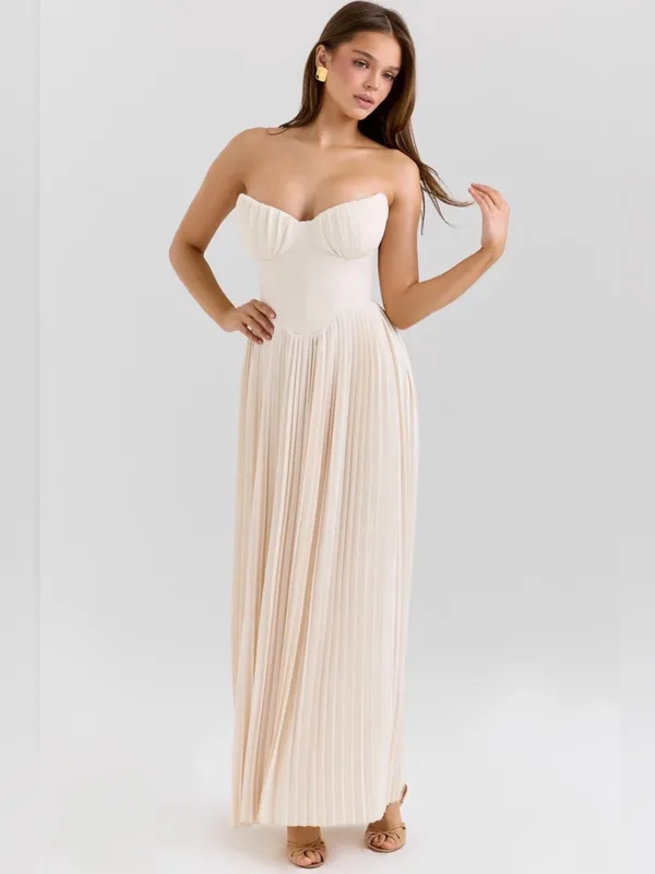 House of CB Marcella Ivory Strapless Pleated Maxi Dress in Cream L - Image 3