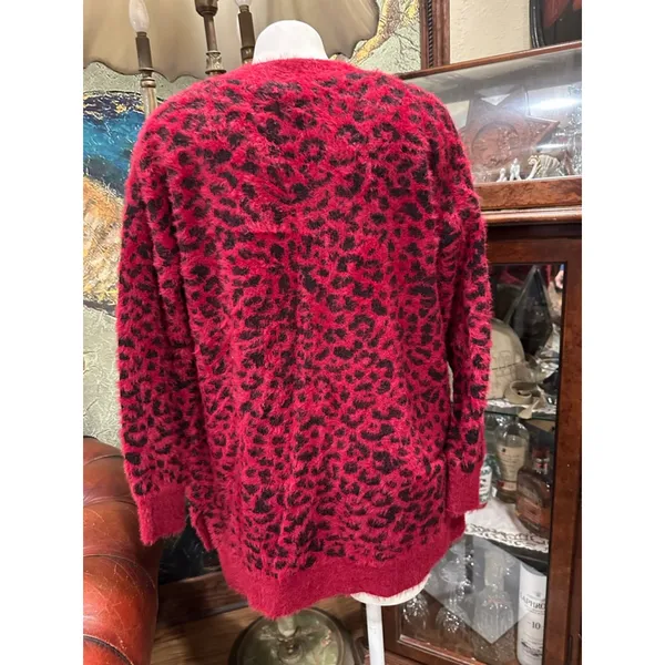 Women's seven forty two Red Black Leopard Print Cardigan M - Image 3