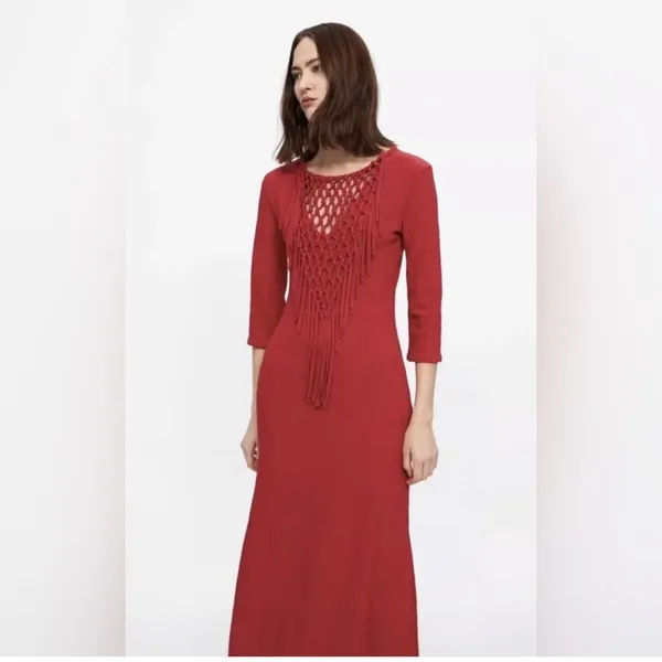 Zara Bright Red Fringe Knit Maxi Dress - Image 2