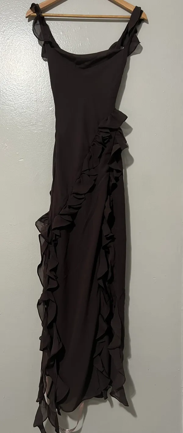 Ariela Ruffle Side Slit Gown in Coffee - Image 7