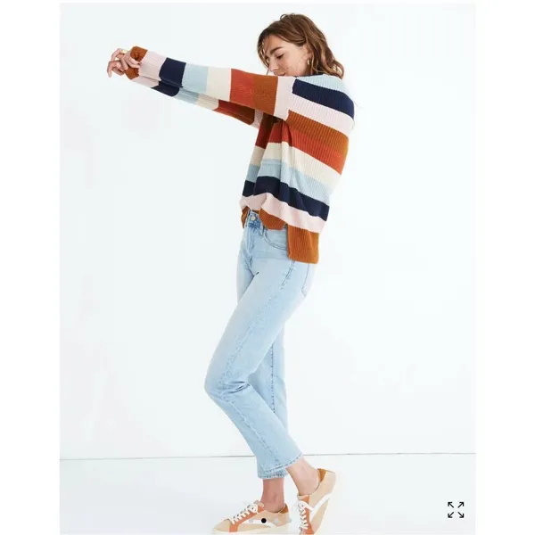 Madewell Thompson Heather Fawn Pocket Rainbow Stripe Pullover Sweater Size Small - Image 2