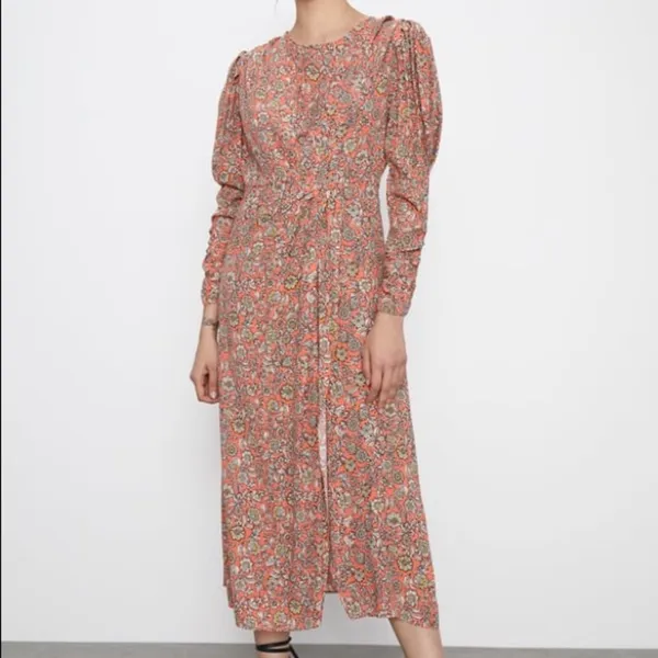 Zara FLORAL PRINTED DRAPED MIDI Flowy DRESS Long Sleeve Puff Shoulders Sz XS NEW - Image 8
