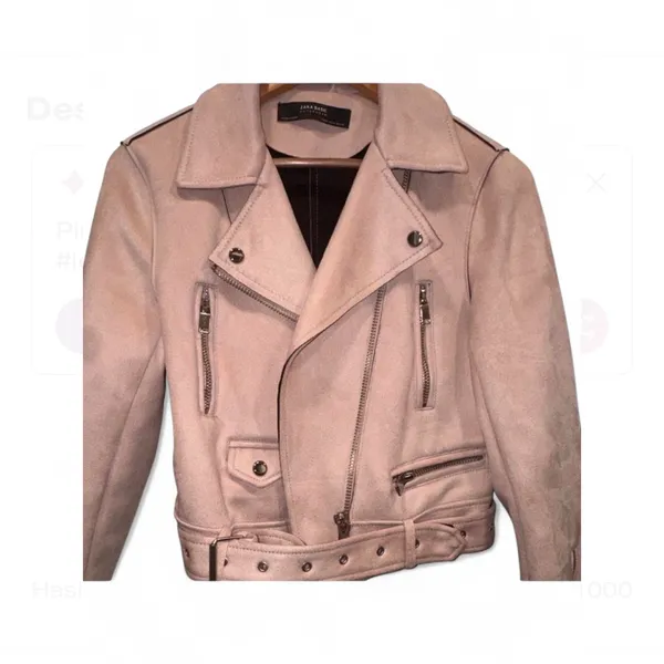 Zara Pink Moto Jacket Faux Suede Cropped Belted Size M Biker Zip Cuffs Y2K chic - Image 3