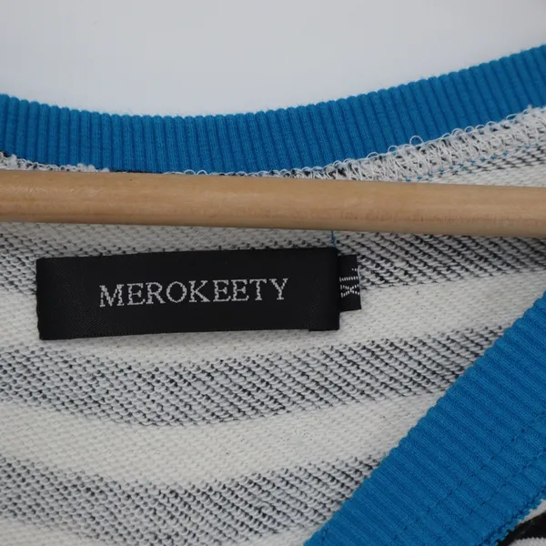Merokeety Striped Sweatshirt XL Blue Trim Notched V-Neck Pullover Black White - Image 3