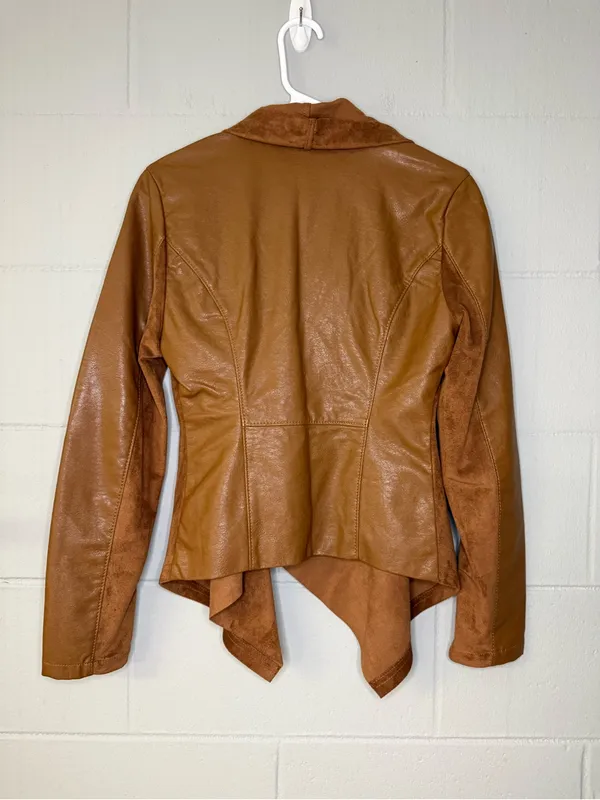 Blank NYC Suede & Leather Mixed Media Drape Front Jacket in Cognac Brown Size Sm - Image 6
