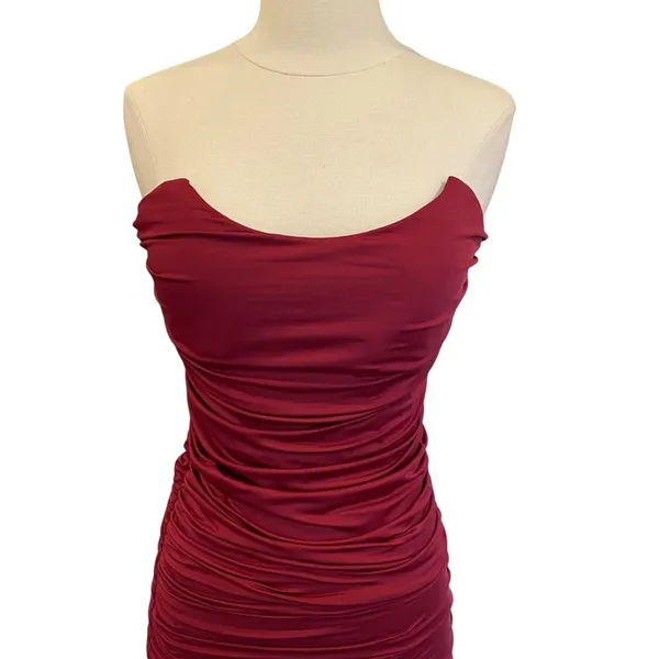 Oh Polly Forever Yours Ruched Bodycon Bandeau Midi Dress in Dark Red Style 2268 - Image 4