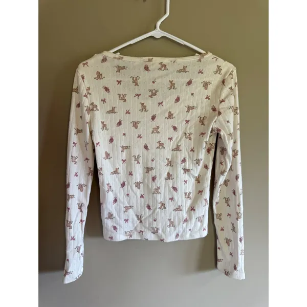 Pink Republic Cream Deer Bow Pointelle‎ Knit Henley Long Sleeve Top Small - Image 4