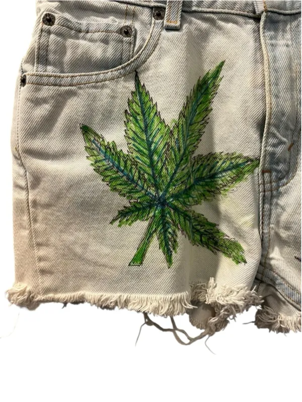 Vintage 2002 Levi's 517 Custom Hemp Leaf Blue Denim Shorts Size 16 Y2K Festival - Image 3